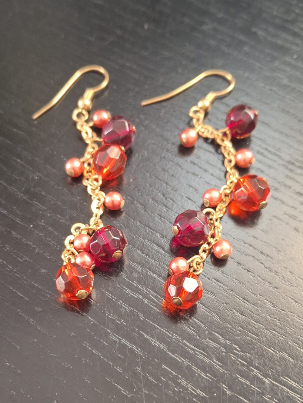 Gold-Tone Red & Pink Bead Dangle Earrings